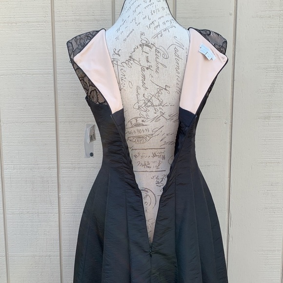 London Times Fit and Flare Dress Black/Nude Satin and Lace Dress - Picture 9 of 12